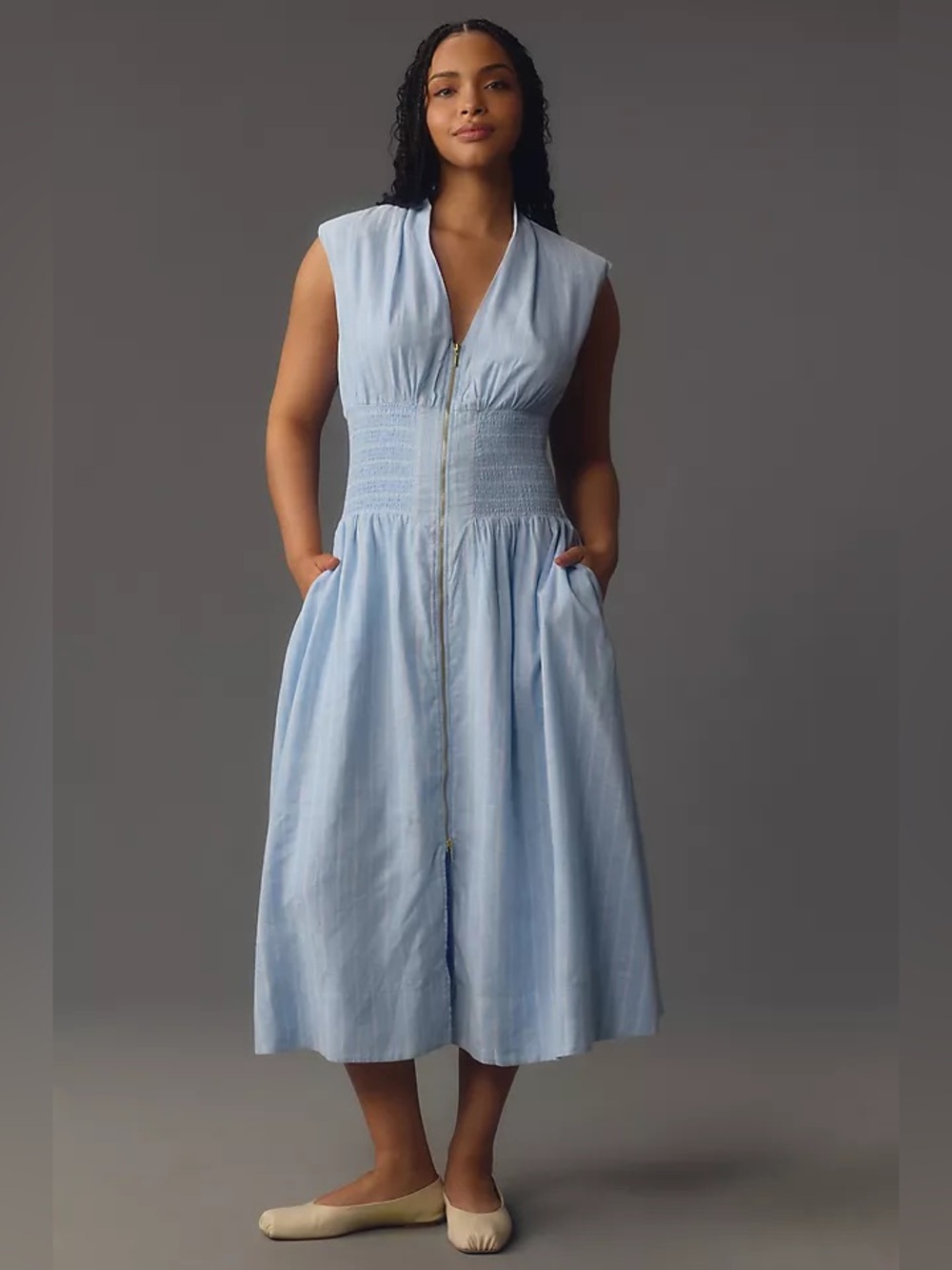 Joie Tommy Cap Sleeve Smocked Front Zip Midi Shirt Dress Linen Blend Large